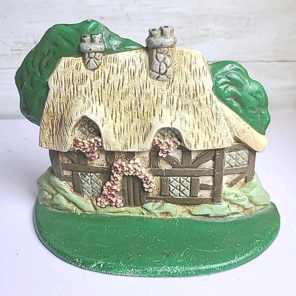 Vintage Cast Iron English Thatched Cottage Doorstop Country Fairy Woodsy Core